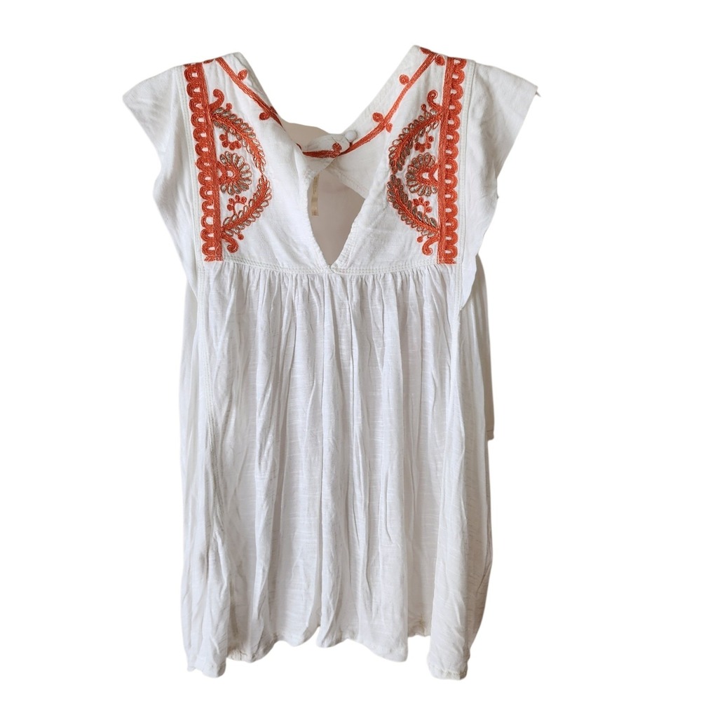 Free People Embroidered Boho Top Women's Large White Orange Tunic Blouse - Picture 4 of 12
